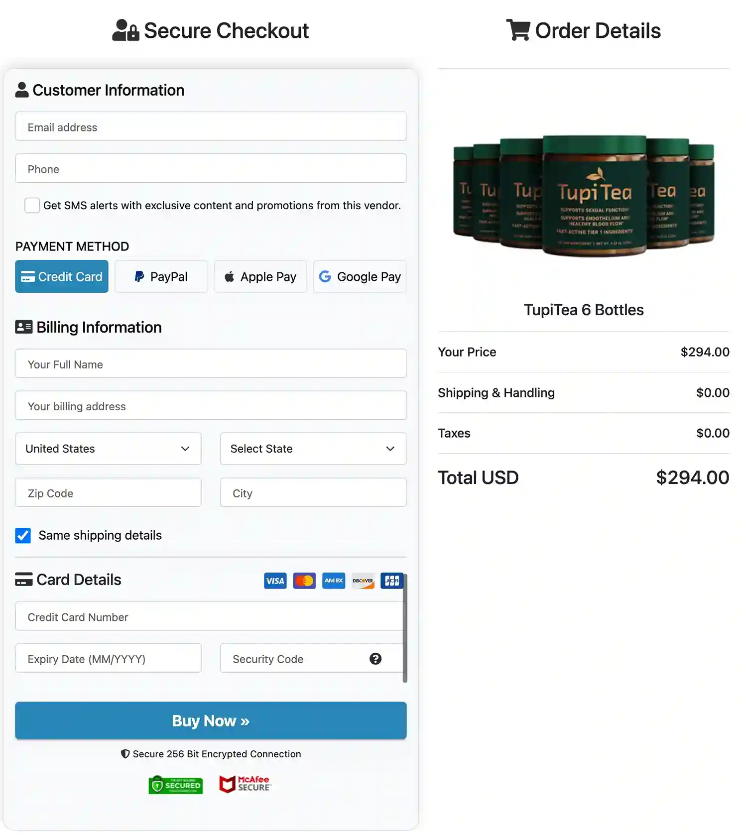 Tupi Tea Secure Checkout — Visa Mastercard USA